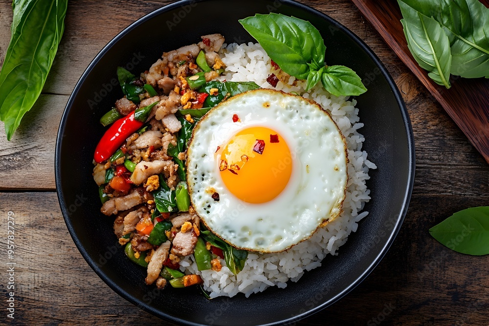 Delectable Thai Rice Dish with Stir Fried Pork Basil and Chili Topped with Fried Egg