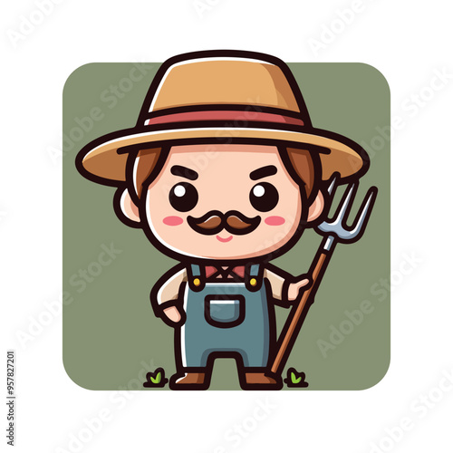 a farmer with a straw hat and holding a pitchfork