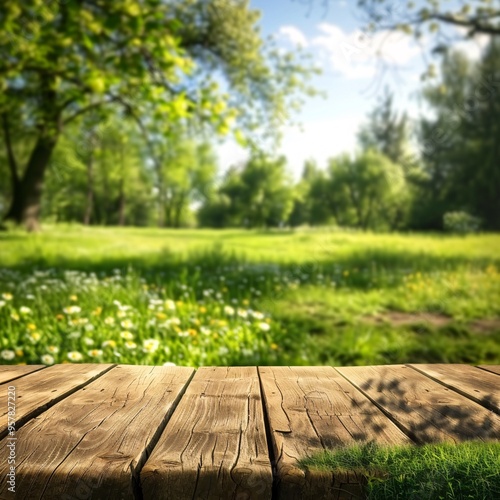 07240954 306. Beautiful spring green meadow with an empty wooden table in the foreground for product display, set against a blurred nature background with ample copy space