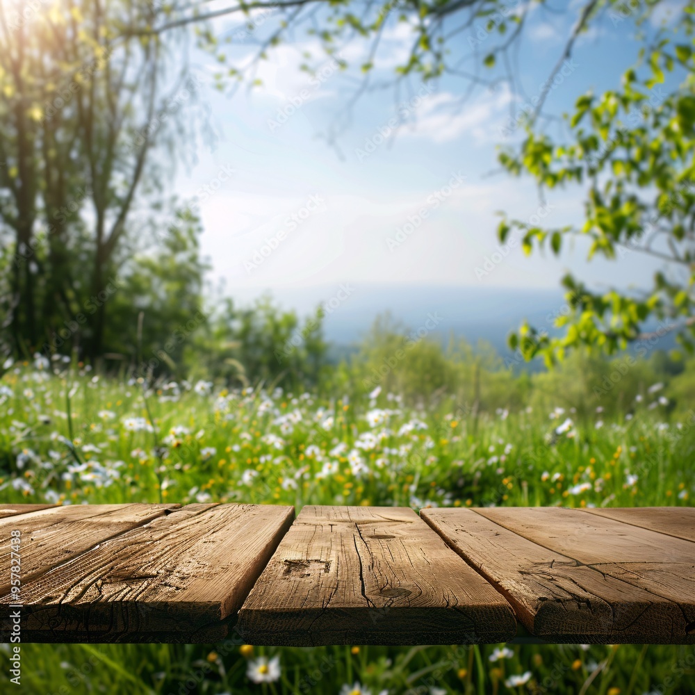 Fototapeta premium 07240954 310. Spring green meadow with an empty wooden table ready for product display, surrounded by a blurred, dreamy nature background offering ample copy space