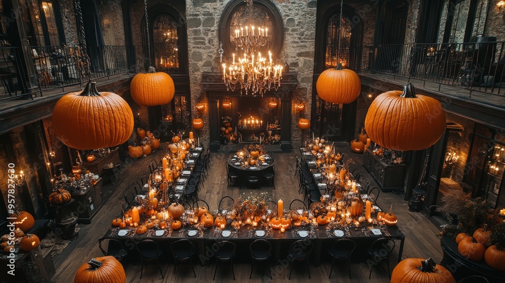 Elegant Halloween banquet with pumpkins and candles in a grand hall. Elegant Halloween banquet with pumpkins and candles in a grand hall.
