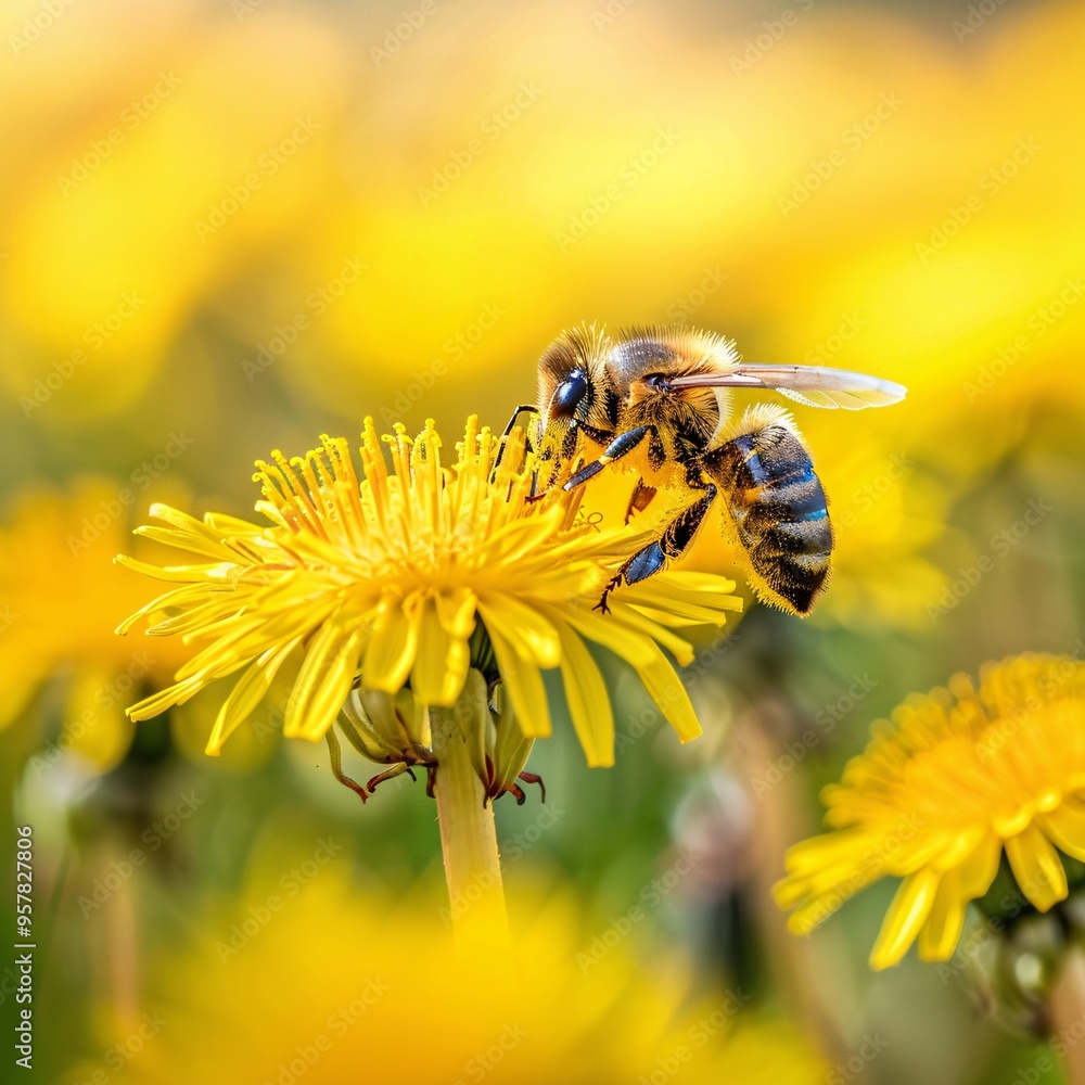 07240954 316. Close-up of a bee landing on a bright yellow dandelion blossom in a lush springtime meadow in Germany, capturing the vibrant colors and details of April's natural beauty 07240954 316. Close-up of a bee landing on a bright yellow dandelion blossom in a lush springtime meadow in Germany, capturing the vibrant colors and details of April's natural beauty