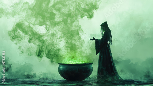 A witch standing before a bubbling cauldron, with green mist rising and forming shapes.