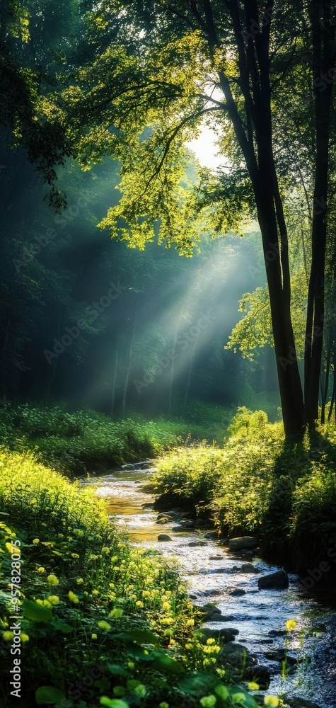 Obraz premium A serene forest landscape with sunlight streaming through trees, illuminating a tranquil stream and lush greenery.