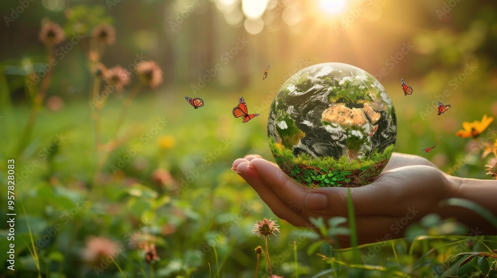 A hand holding a globe surrounded by butterflies in a lush green field. A hand holding a globe surrounded by butterflies in a lush green field.