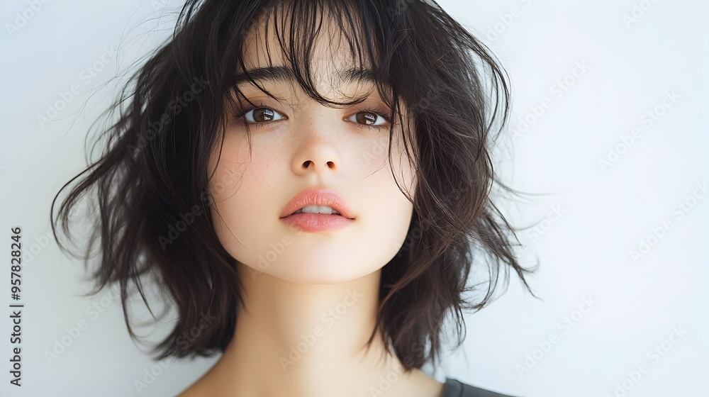 Elegant Asian Woman in Relaxed Shag Haircut Posing in Natural Setting Elegant Asian Woman in Relaxed Shag Haircut Posing in Natural Setting