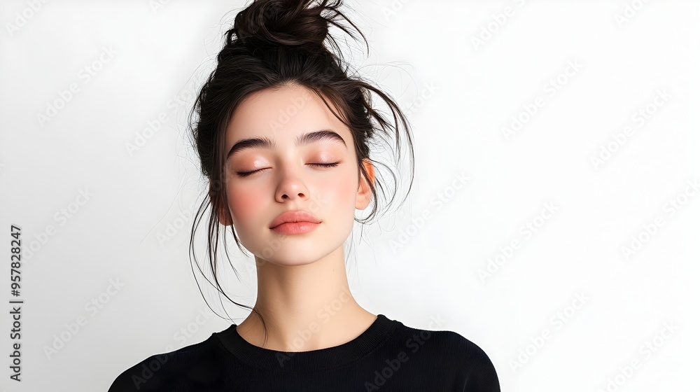 Elegant Asian Woman in Modern Outfit with Half Up Half Down Hairstyle Elegant Asian Woman in Modern Outfit with Half Up Half Down Hairstyle