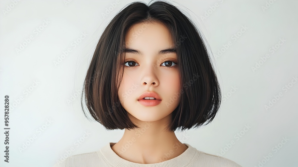 Elegant Asian Woman in Straight Bob Hairstyle Posing Against Simple White Backdrop Elegant Asian Woman in Straight Bob Hairstyle Posing Against Simple White Backdrop