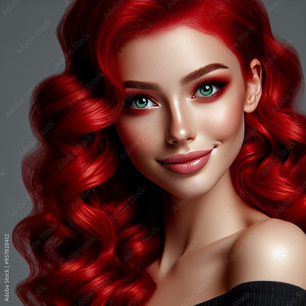 23 Bright Red Hair The woman has bright red hair in loose curls 23 Bright Red Hair The woman has bright red hair in loose curls