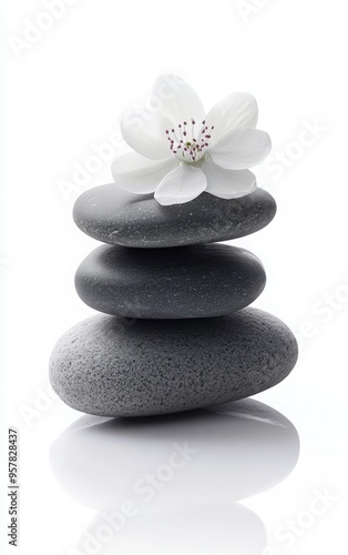 A serene stack of smooth stones topped with a delicate white flower, symbolizing balance and tranquility in nature.