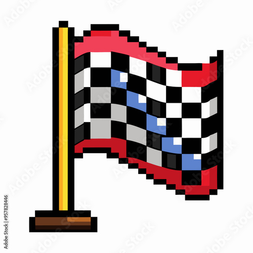 Animated Checkered Racing Flag Icon with Wooden Pole for Sports and Competition