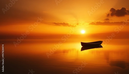 A serene sunset over calm waters with a solitary boat silhouetted against the vibrant sky, evoking peace and tranquility.