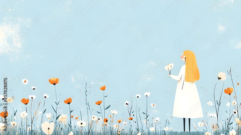 Elegant Woman Admiring Vibrant Flower Field on Summer Day Elegant Woman Admiring Vibrant Flower Field on Summer Day