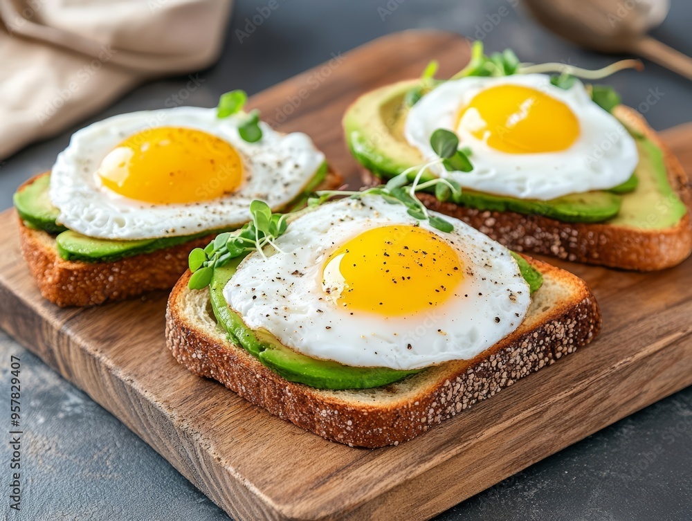 Delicious toast topped with fresh avocado, perfectly cooked eggs, and sprinkled with herbs. A healthy breakfast choice. Delicious toast topped with fresh avocado, perfectly cooked eggs, and sprinkled with herbs. A healthy breakfast choice.