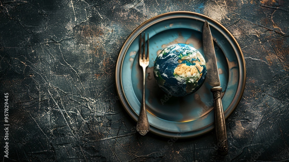07240954 357. High-resolution photo depicting a small globe centered on a dinner plate, surrounded by a knife and fork, representing the concept of world hunger and food security, with a dark, 07240954 357. High-resolution photo depicting a small globe centered on a dinner plate, surrounded by a knife and fork, representing the concept of world hunger and food security, with a dark,