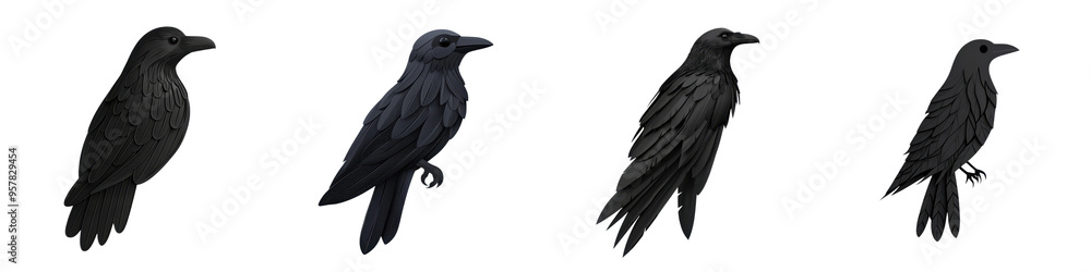 Fototapeta premium A collection of black crow silhouettes, showcasing different angles and features, perfect for design and illustration projects.