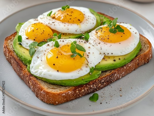 Delicious avocado toast topped with perfectly cooked eggs, a nutritious and visually appealing breakfast option.