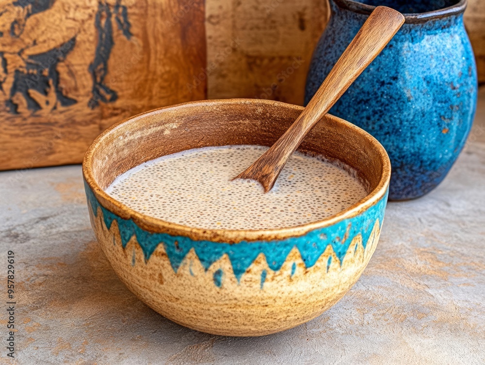 An artistic bowl filled with textured sand, accompanied by a wooden spoon against a rustic background. An artistic bowl filled with textured sand, accompanied by a wooden spoon against a rustic background.