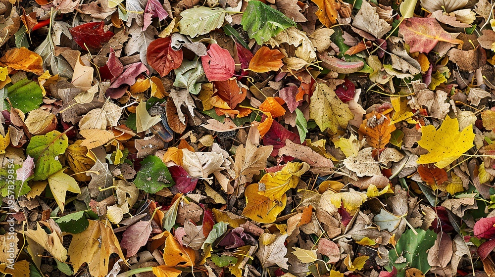 07240954 366. Detailed view of a compost pile, showcasing a rich mix of decomposing food waste, including vegetable peels, fruit scraps, and eggshells, intermingled with dried leaves and grass 07240954 366. Detailed view of a compost pile, showcasing a rich mix of decomposing food waste, including vegetable peels, fruit scraps, and eggshells, intermingled with dried leaves and grass