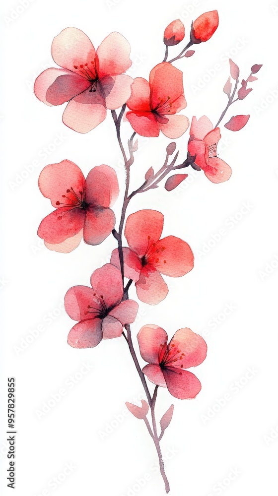 Fototapeta premium Beautiful watercolor delicate pink flowers branch, perfect spring-themed designs decorations.