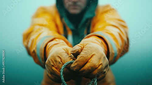 dockworker, longshoreman, stevedore, docker, worker at ship docking port on the waterfront to load and unload ships, laborers loading, pulling anchor, rope and unload cargo from ships at ports. photo