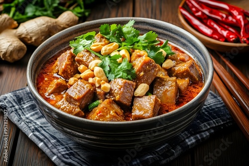 Flavorful Hinlay Curry with Braised Pork Belly and Fragrant Ginger Peanut Topping