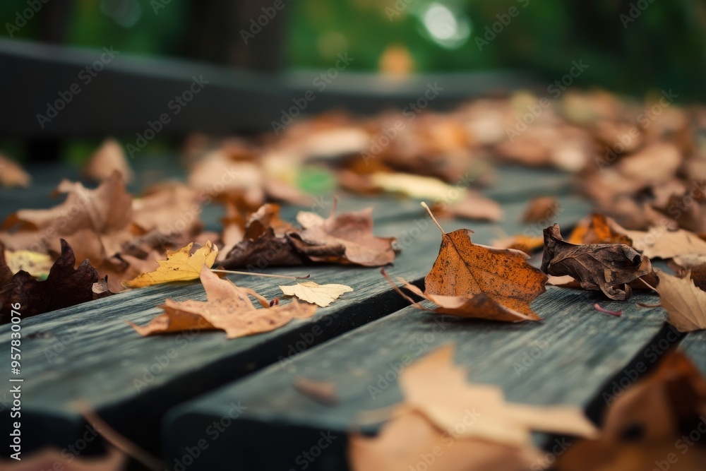 Colorful autumn leaves scattered on a wooden surface, creating a serene and natural atmosphere in a seasonal landscape. Colorful autumn leaves scattered on a wooden surface, creating a serene and natural atmosphere in a seasonal landscape.