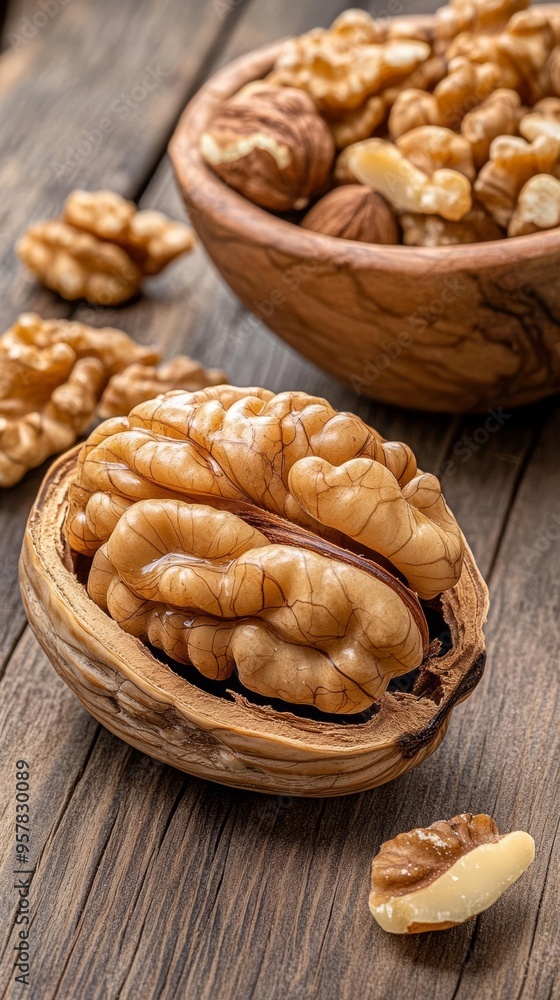A close-up view of fresh walnuts in a wooden bowl, showcasing their rich texture and natural color against a rustic background. A close-up view of fresh walnuts in a wooden bowl, showcasing their rich texture and natural color against a rustic background.