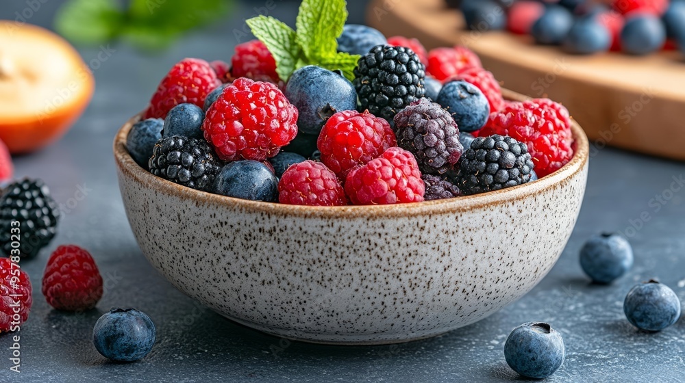 A vibrant bowl of mixed berries, including raspberries, blueberries, and blackberries, garnished with fresh mint leaves. A vibrant bowl of mixed berries, including raspberries, blueberries, and blackberries, garnished with fresh mint leaves.