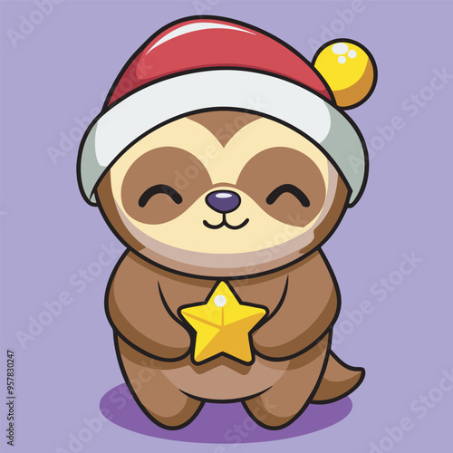 Cute Cartoon Sloth with Santa Hat Holding a Star Christmas Vector Illustration