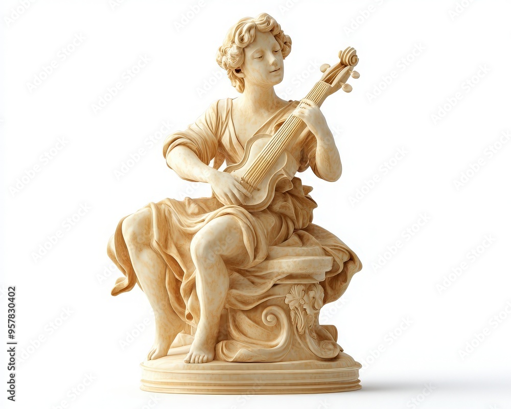 Elegant sculpture of a young musician playing a lute, embodying artistry and classic beauty in carved detail. Elegant sculpture of a young musician playing a lute, embodying artistry and classic beauty in carved detail.