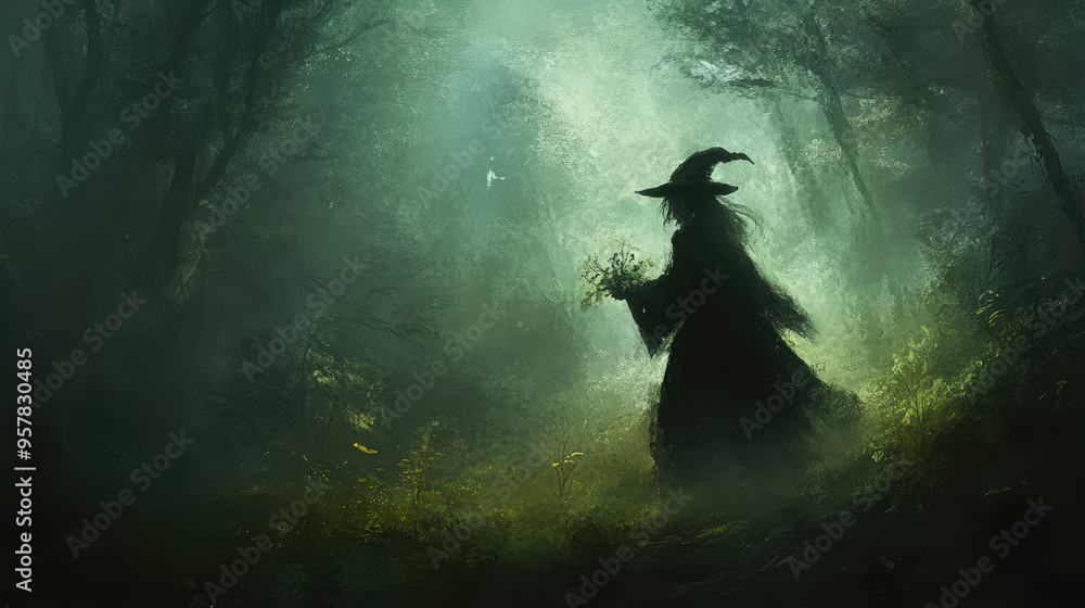 A captivating image of a witch gathering herbs and magical ingredients in a shadowy, misty forest. A captivating image of a witch gathering herbs and magical ingredients in a shadowy, misty forest.