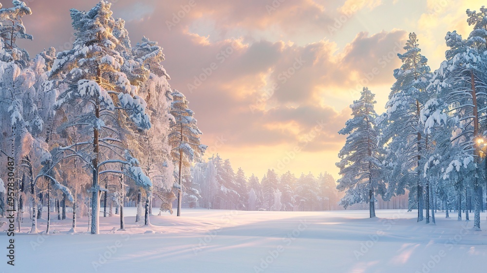 07240954 377. A picturesque winter wonderland with tall pine trees heavily laden with snow, a tranquil sunset illuminating the horizon with soft pastel colors, the ground covered in pristine white 07240954 377. A picturesque winter wonderland with tall pine trees heavily laden with snow, a tranquil sunset illuminating the horizon with soft pastel colors, the ground covered in pristine white