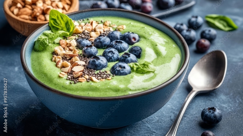 A vibrant green smoothie bowl topped with blueberries, granola, and chia seeds, perfect for a healthy breakfast. A vibrant green smoothie bowl topped with blueberries, granola, and chia seeds, perfect for a healthy breakfast.