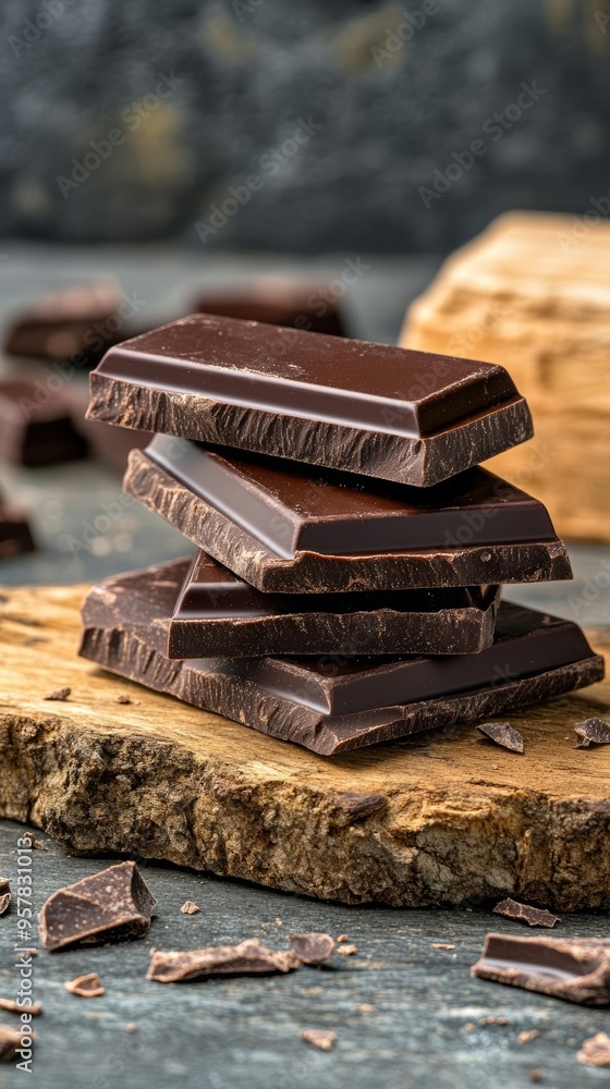 Delicious dark chocolate bars stacked on a rustic wooden board, perfect for indulgence and gourmet desserts. Delicious dark chocolate bars stacked on a rustic wooden board, perfect for indulgence and gourmet desserts.