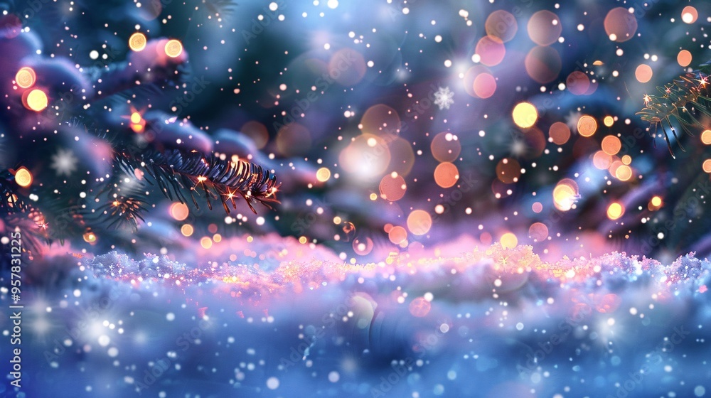 Obraz premium 07240954 391. An abstract background featuring a winter landscape with soft snow, illuminated by a cascade of colorful Christmas lights, creating a mesmerizing bokeh effect with blurred lights in