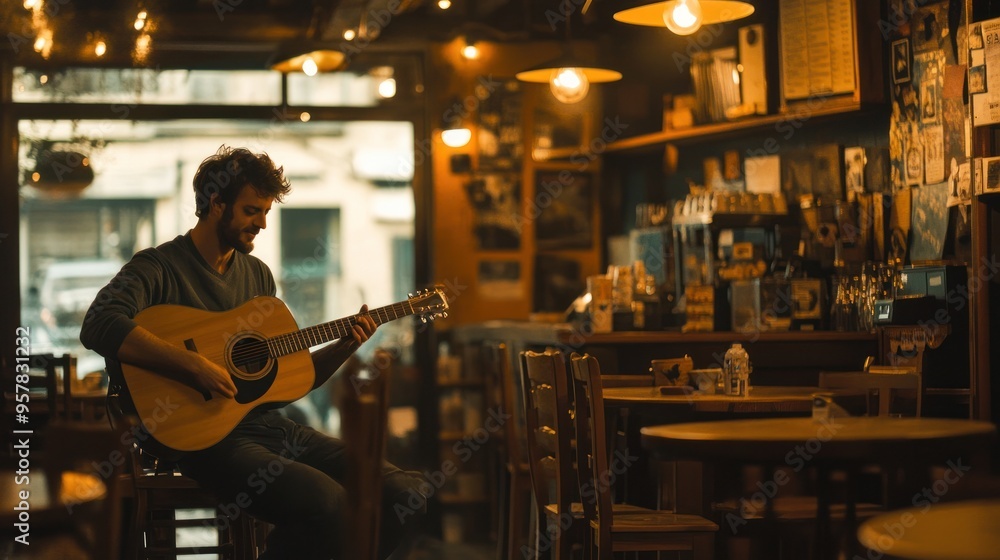 A singer-songwriter performing acoustic music in a cozy, dimly lit coffee shop, - A singer-songwriter performing acoustic music in a cozy, dimly lit coffee shop, -
