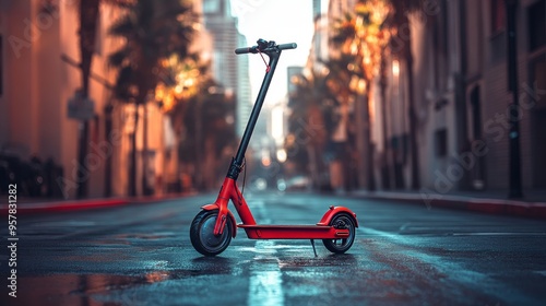 Detailed shot of an electric scooter parked on a city street with modern buildings in the background. This scene highlights urban mobility, sustainability and current transportation trends. photo