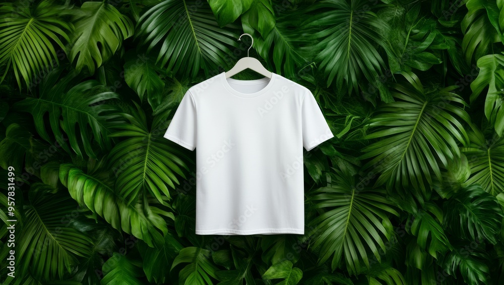 White T-Shirt Mockup Hanging on Jungle Leaves White T-Shirt Mockup Hanging on Jungle Leaves
