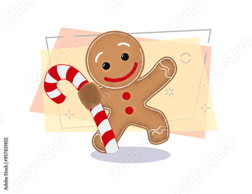 Cheerful gingerbread with candy stick waving hand. Happiness, performance, dancing. Can be used for topics like Christmas, cartoon, food