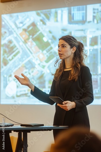 A female urban planner presenting a new development project to the city council. She’s using a projector to show