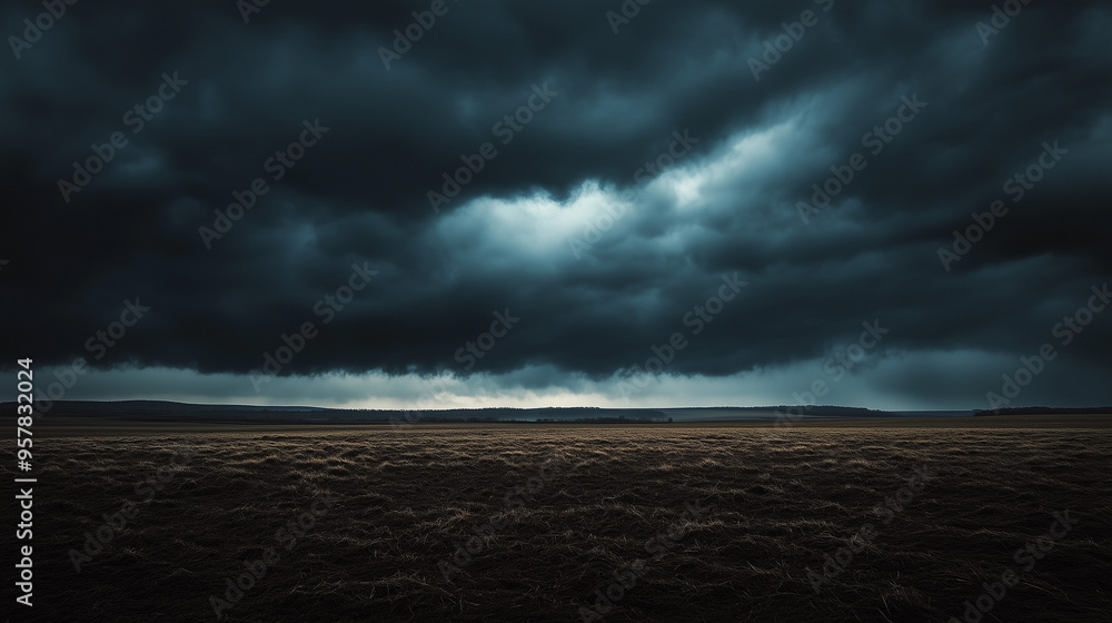 Obraz premium Dark overcast sky, thick, black clouds hang low over the open landscape, a cold wind blows hard, Ai generated images