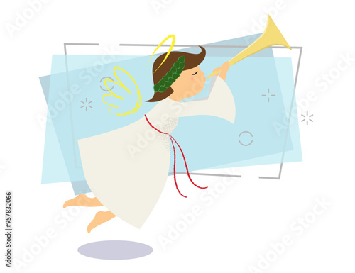 Cute angel with laurel wreath blowing horn. Signal, call, winding horn. Can be used for topics like cartoon, character, Christmas
