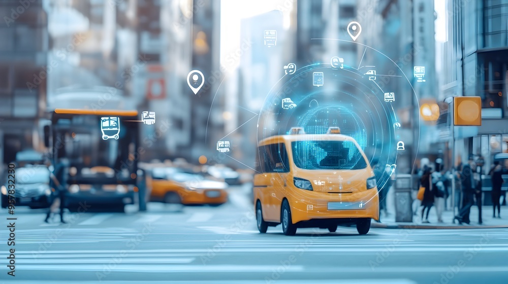 Fototapeta premium Innovative IoT powered Taxi Dispatch System with Intelligent Route Optimization and Real time Data Analytics for Efficient Urban Transportation