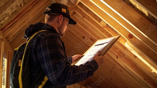 A structural inspection in progress, showcasing a professional inspector examining the roof and attic spaces of a newly constructed home -