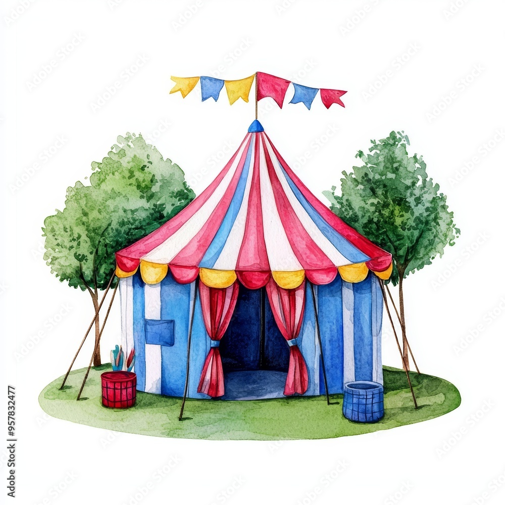 Whimsical Striped Circus Tent in a Lush, Green Meadow with Colorful Flags Overhead Whimsical Striped Circus Tent in a Lush, Green Meadow with Colorful Flags Overhead