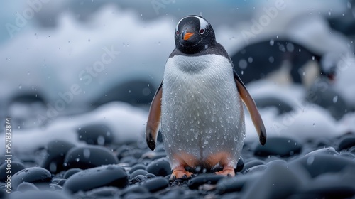 A single penguin stands on a rocky beach in Antarctica, covered in water droplets.