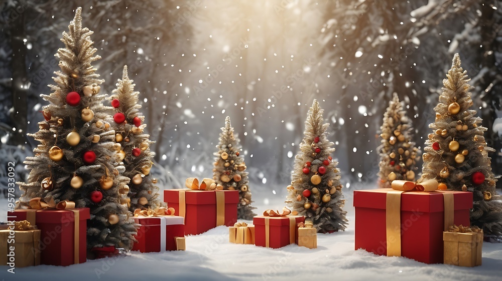 Christmas trees with red and golden garlands into a forest with snowy flakes with shape of stars close to xmas gifts in red boxes. Christmas trees with red and golden garlands into a forest with snowy flakes with shape of stars close to xmas gifts in red boxes.