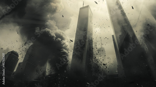 Twin Towers Collapse - Dramatic Illustration of the September 11 Attacks in New York City
