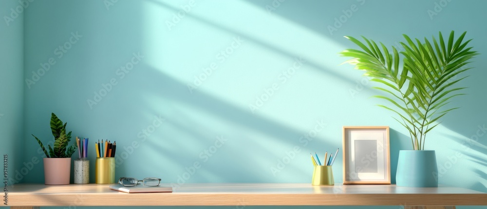 Wooden Desk with Plants and Frames in Sunlit Office Wooden Desk with Plants and Frames in Sunlit Office